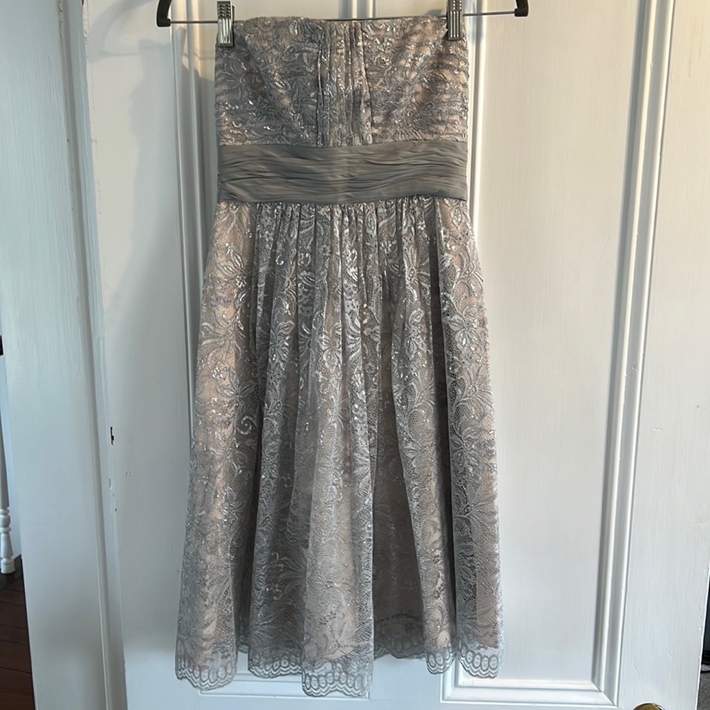 BCBG Silver lace strapless dress